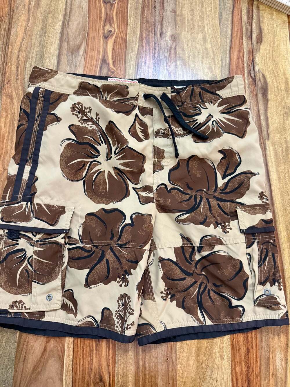 Vintage Y2K Floral Brown Beige Board Shorts Swim Trunks